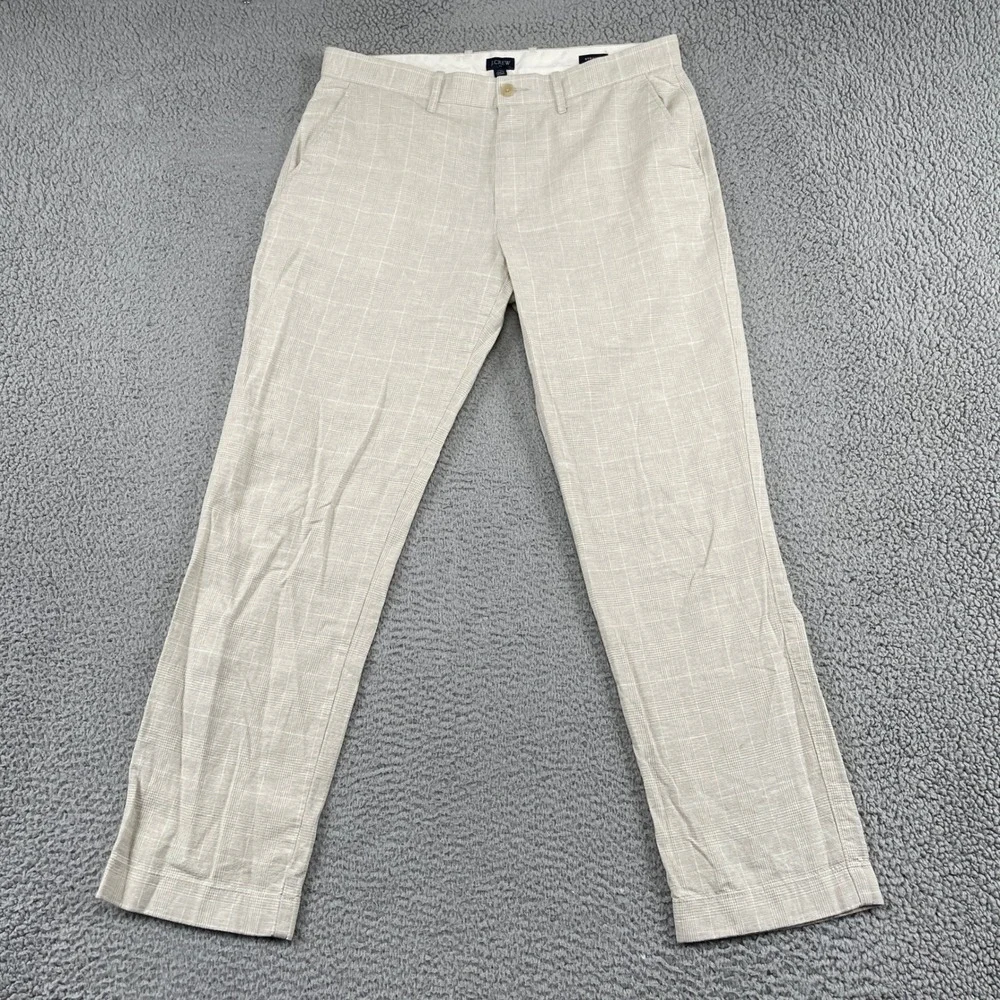 J.Crew Pants Mens 35x32 Beige Glen Plaid Straight Fit Linen Cotton Trousers